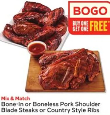 Bone-in or Boneless Pork Shoulder Blade Steaks or Country Style Ribs
