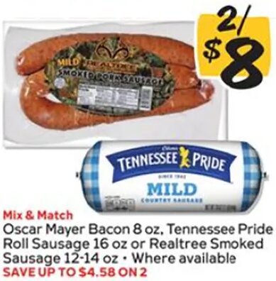 Oscar Mayer Bacon, Tennessee Pride Roll Sausage or Realtree Smoked Sausage at Winn-Dixie