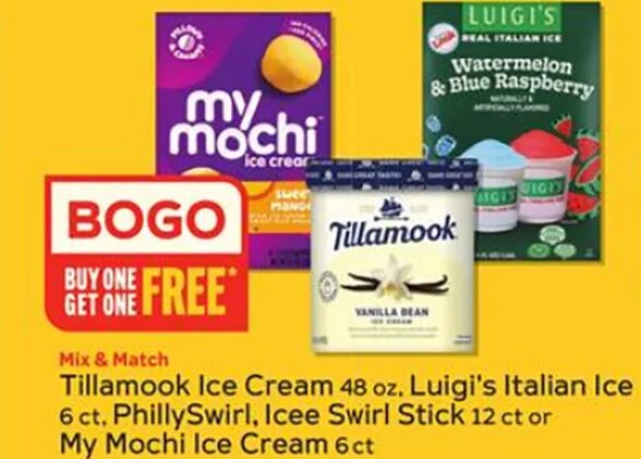 Tillamook Ice Cream 48 oz, Luigi's Italian Ice 6 ct, PhillySwirl, Icee Swirl Stick 12 ct or My Mochi Ice Cream 6 ct