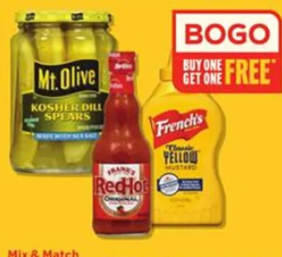 Frank's RedHot Sauce or Wing Sauce 12 oz, Mt. Olive Pickles 24 oz or French's Squeeze Mustard 14 oz