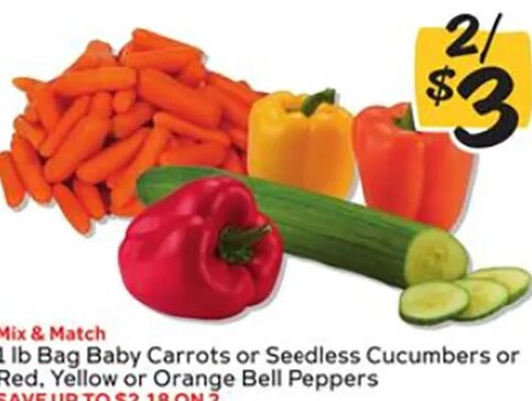 1 lb Bag Baby Carrots or Seedless Cucumbers or Red, Yellow or Orange Bell Peppers