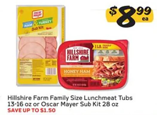 Hillshire Farm Family Size Lunchmeat Tubs 13-16 oz or Oscar Mayer Sub Kit 28 oz at Winn-Dixie