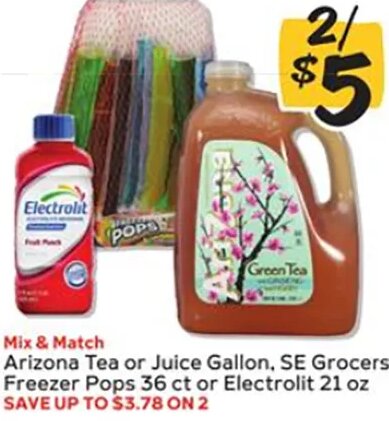 Arizona Tea or Juice Gallon, SE Grocers Freezer Pops or Electrolit at Winn-Dixie