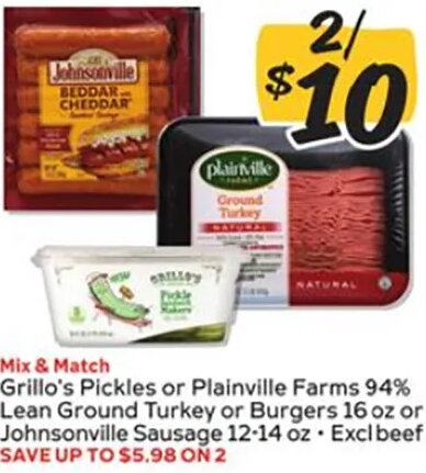 Grillo's Pickles or Plainville Farms 94% Lean Ground Turkey or Burgers or Johnsonville Sausage at Winn-Dixie