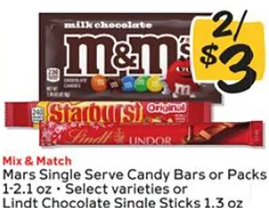 Mars Single Serve Candy Bars or Packs / Lindt Chocolate Single Sticks
