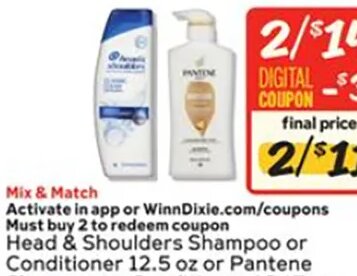 Head & Shoulders Shampoo or Conditioner 12.5 oz or Pantene Shampoo or Conditioner 16-17 oz at Winn-Dixie